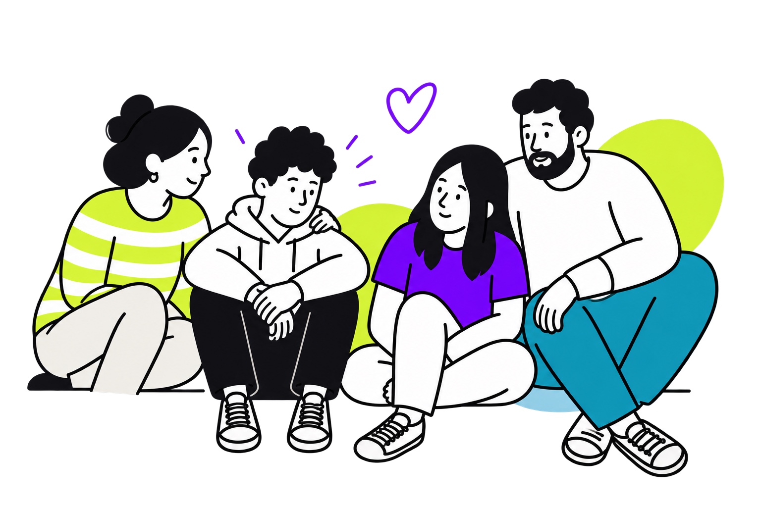 Familia con dos adolescentes compartiendo un momento de conexión